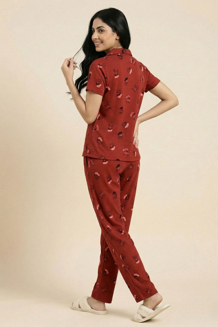 Zivame Farm Lore Knit Cotton Pyjama Set - Burnt Brick — image 3